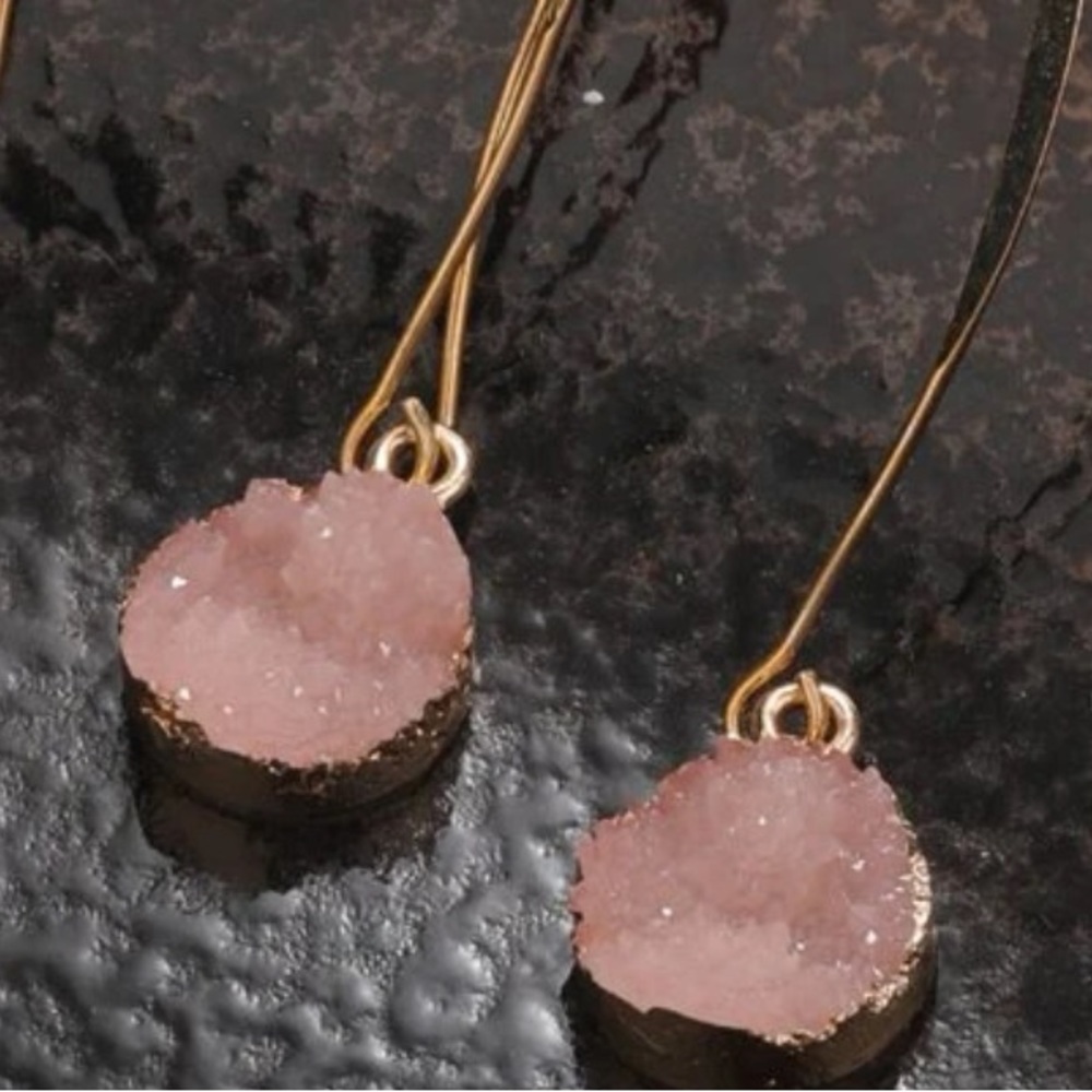 Pink Resin Crystal Gold Drop Dangle Earrings - Picture 3 of 8